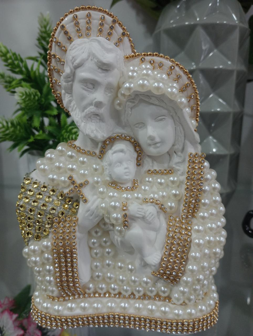 imagem de Sagrada Família Gesso 20cm pedrarias branco com dourado